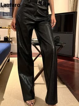 Lautaro Spring Autumn Shiny Lizard Print Pu Leather Straight Pants Women High Waist 2026 Chic Luxury Brands Alternative Pants