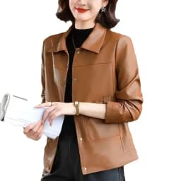 Brown PU leather Jackets Women's High-End New Spring Autumn Casual Short Jacket Leather Mid-Aged Mother Coat Brown Leather Coat