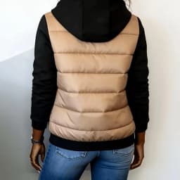 Women's Color Block Hooded Puffer Jacket -Quilted Zip Up Coat with Contrast Sweatshirt Sleeves, Casual Lightweight Winter Outer