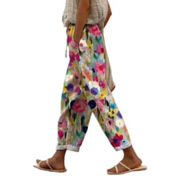 Women Casual Pants Elastic Waist Drawstring Harem Pants Digital Floral Print Beach Office Shopping Daily Long Trousers