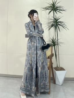 Miyake Pleated 2024 New Folded Collar Long Sleeved Retro Printed Dress Belt for Women Dubai Designer Original Fashion Loose Coat