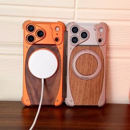 Aluminum Magnetic Wooden Case for iPhone 18 17 Pro Max 18 17 Pro Cover Walnut Real Wood Mag-safe Free Rotation Stand Shell