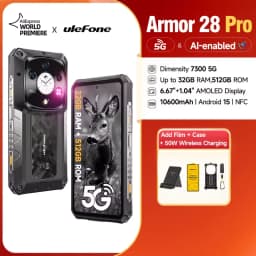 Ulefone Armor 28 Pro 5G AI Rugged Phone 16GB+512GB 10600mAh Battery120W 6.67”AMOLED Android 15 MTK Dimensity 7300 Smartphone