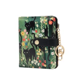 Black Cat Floral Pattern Rfid Women's Wallet, Ultra-Thin Compact Credit Card Wallet, with Keychain, Pu Leather Bi-Fold with Zipper Coin Pocket, Transparent Id Window, Suitable for Women/Girls