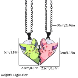 2-piece cute Eevee cartoon pendant necklace with heart patchwork, anime-style metal necklace