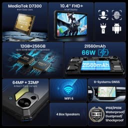 FOSSiBOT DT3 5G Rugged Tablet, Android 15, 10.4 inch 1200x2000 Display, 12GB RAM 256GB ROM, WiFi 6, 21560mAh Battery 66W Fast Charge, 64MP+32MP Camera, LED Flashlight, NFC, GPS/GALILEO/GLONASS/QZSS/BEIDOU/NavIC, Fingerprint & Face ID Unlock