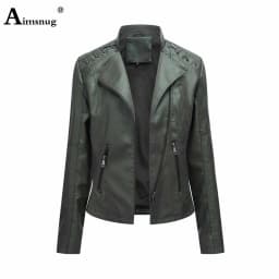 Yellow Red Faux Pu Leather Jackets 2025 Spring Autumn Fashion Zip up Top Outerwear Lady Basic Coats Plus Size Female Jackets New