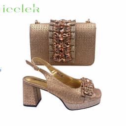 2026 Elegant Women's Peep Toe Heels and Matching Fuchsia Color Diamond Pumps Set Stylish Italian Shoes and Bags for Parties