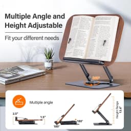 Reading Books Holder Desktop Book Laptop Stand with 360° Rotating Base Wooden Panel & Page Clips Foldable and Angle for Textbook