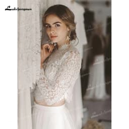 Boho Simple High Neck Sexy Backless Button Lace Short Top Jumpsuit Wedding Dresses Chiffon Customized Full Cap Sleeve Vestidos