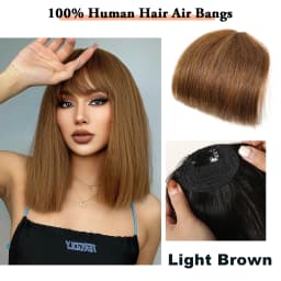 100% Human Hair Bangs Natural Brown Wispy Bang Hair Clip in Bangs Fringe with Temples Hairpiece for Women Clip on Air Bang 4.5in