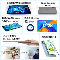 OUKITEL OT5S Android 14 Tablet - 12 Inch 2K Display, 24GB+256GB, 8250mAh, 16MP/4G Dual SIM/5G WiFi/TÜV/GPS/Includes Pen and Case