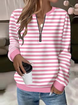 Casual Zipper Hoodie with Regular Fit Mid Length Japanese Korean Casual Digital Print Long Sleeve Striped Spring Women Hoodie
