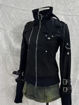 Y2K Gothic Black Slim Double Zipper Hoodie Women's Y2K American Retro Fashion Slim Oversized Cuffs Casual Motorcycle Jacket