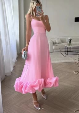 Women's Solid Color Spaghetti Strap Midi Dress Ruffled Hem Fitted A-Line Gown Elegant Party Dress For Dating & Evening Event