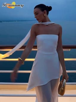 Elegant White Mesh Splicing Slim Women Strapless Dress Chic Scarf Neck Off Shoulder High Waist Long Dresses Lady Party Robes