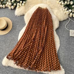 Korean Style Polka Dot Print Pleated A-line Long Skirts Women 2026 Spring Summer High Waist Casual Skirt