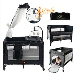 Steanny Pack N Play, All-in-one Playard with Bassinet, Pack and Play, Bedside Sleeper Foldable Travel Cribs with 4 Wheels, Changing Table, Mosquito Net, Toys Bars with Music, Unisex Playpen Combo Bassinet