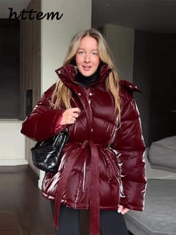 Chic Reflective Fabric Lace Up Hooded Cotton Jacket Women Stand Collar Full Sleeve Zipper Warm Overcoat 2026 Winter Lady Outwear