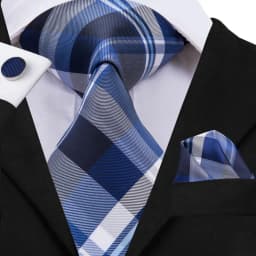 Hi-Tie Silk Wedding Tie For Men Blue White PlaidHandky Cufflink Set Fashion Designer Necktie For Men Business Party Dropship