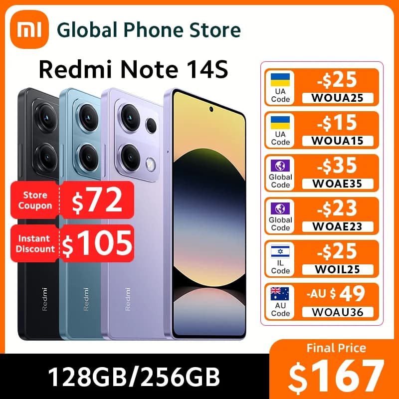 Global Version New Xiaomi Redmi Note 14S Smartphone 5000mAh 120Hz 6.67" AMOLED Display MTK Helio G99 200MP 67W Hyper Charge