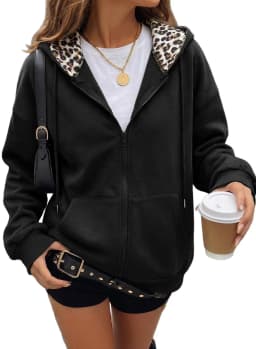Women's Full Zip Hoodie with Leopard Hood Lining Oversized Long Sleeve Jacket Winter Warm Fleece Lined Sweatshirt Streetwear