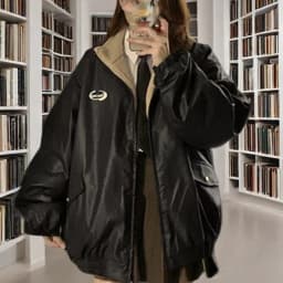 Reversible Brown Women Pu Jacket Sherpa Lined Coat Zip Up Fleece Oversized Retro Moto Streetwear Y2K Winter Outerwear Top