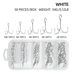 ShareShark 50pcs/box Fishing Treble Hooks Kit High Carbon Steel Hooks Strong Sharp Round Bend with Split Rings for Lures Baits