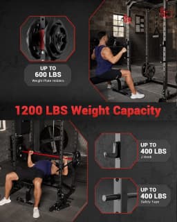 Multi-Functional Power Rack for Home Gym – Dual Pulley Cable System, 1200 lb Capacity Squat Cage with Training Attachments, Red