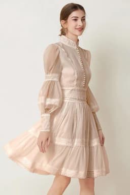 2024 French Elegant Lace Splicing Waist Lantern Sleeve Dress Vintage High Collar Princess Dress Organza Cocktail Women's Wear