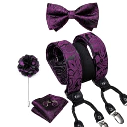 Luxury White Men's Suspenders Adjustable 6 Clips Braces DiBanGu Leather Metal Pre-Tied Bow Tie Brooch Pocket Square Set