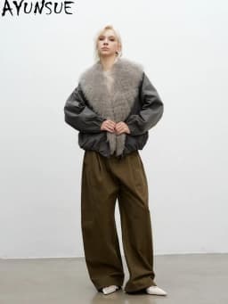 AYUNSUE White Goose Down Women Warm Winter Clothing Real Fox Fur Collar Down Jacket Loose Fit Fashion Short 2026 Пальто Женское