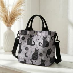 Witchy Black Cat Moon Star Print Pink Canvas Tote Bag Detachable Strap Crossbody Handbag For Women Daily Shopping