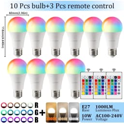 E27 Base RGB LED Bulb 24 Key Remote Control Dimmable 10W AC220V 110V Colorful Change For Bedroom Living Room Desk Lamp