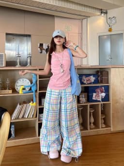 Y2K Pastel Plaid Wide Leg Cargo Pants | Drawstring Waist Baggy Trousers with Hem Toggle 90s Retro Streetwear Sweet Preppy Style