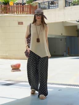 HanOrange 2026 Summer Retro Lazy Linen Polka Dot Wide Leg Pants Women High Waist Hanging Feeling Pants Black/Khaki