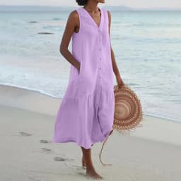 Summer Loose Casual Patchwork Cotton Linen Pocktes Dress V Neck Beach Style Dress Sleeveless Vintage Club Midi Solid Women Dress