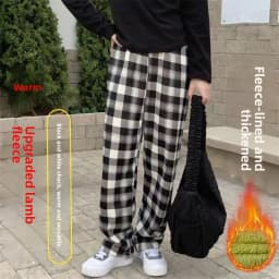 plus Size Plaid Pants Women's High Waist Straight Leg Fce Lined Casual Home Wear Polyester Fiber Elastic Band China Made