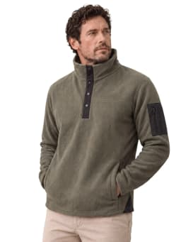 AIOPESON Men's Fleece Multi Pocket Sweatshirt Stand Collar Snap Button Solid Casual Outdoor Pullover Fall Winter Warm for Men