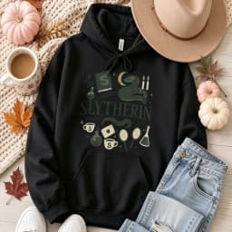 Slytherin Wizard Magic Items Graphic Hoodie Pullover Hooded Snake Moon Potion Bottle Spell Book Print Casual Fantasy Streetwear
