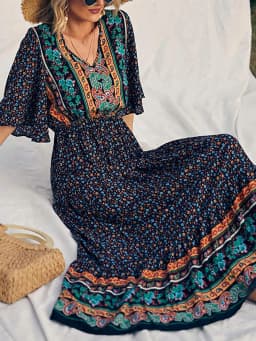 Elegant Casual Long Dress Boho Print Design Short Sleeve V Neck Summer Dress For Women 2024 Fashion