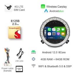 8+256G 7" Auto Android 14 Car Radio GPS Player Carplay Navi Bluetooth 4G LTE Wifi For BMW Mini Cooper R56 R57 R58 R60 2007-2013