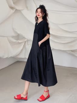 Patchwork Pleated Black Vintage Dresses For Women New Korean Fashion Short Sleeve Loose Casual Summer Long Dress Clothing 2026
