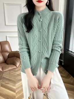100% Wool Cashmere Cardigan Autumn Winter New Half High Collar Twist Coat High-End Knitwear Sweater Shirt Loose Women Thick Tops