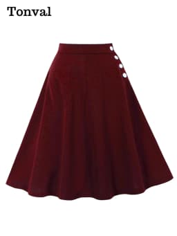 Tonval One Pocket Front Buttons Side Swing Skirt 2025 Vintage Clothes for Women Green Elegant Plain Skirts