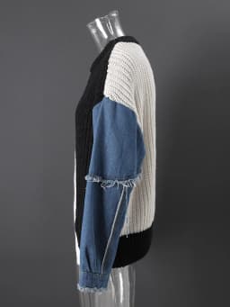 [EAM] Black Denim Color-block Big Size Knitting Sweatshirt New Round Neck Long Sleeve Women Fashion Spring Autumn 2026 CPG6698