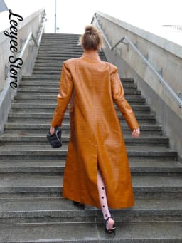Crocodile Embossed Faux Leather Long Jackets Chic Wide Lapel Belted Waist Quarter Sleeve Loose Coat Women Street Chic Outfits