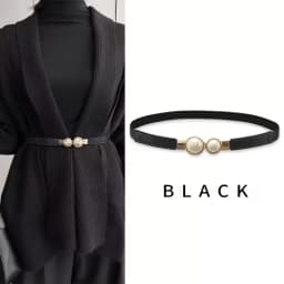 Elegant pearl decoration thin belt black elastic elastic waistband versatile windbreaker dress waist cinching accessory