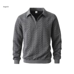 Mens Lapel Half Zip Sweatshirt Long Sleeve Cable Textured Pullover Relaxed Fit Tops For Daily Casual Autumn And Winter Dressing