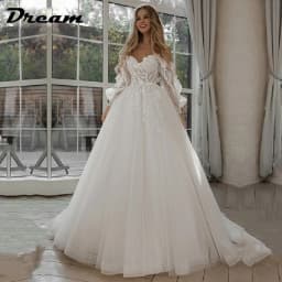 DREAM Customized Off Shoulder Lace Glitter Wedding Dresses Long Puff Sleeve 3D Flowers Boho Bride Gown 2026 Vestidos De Novia